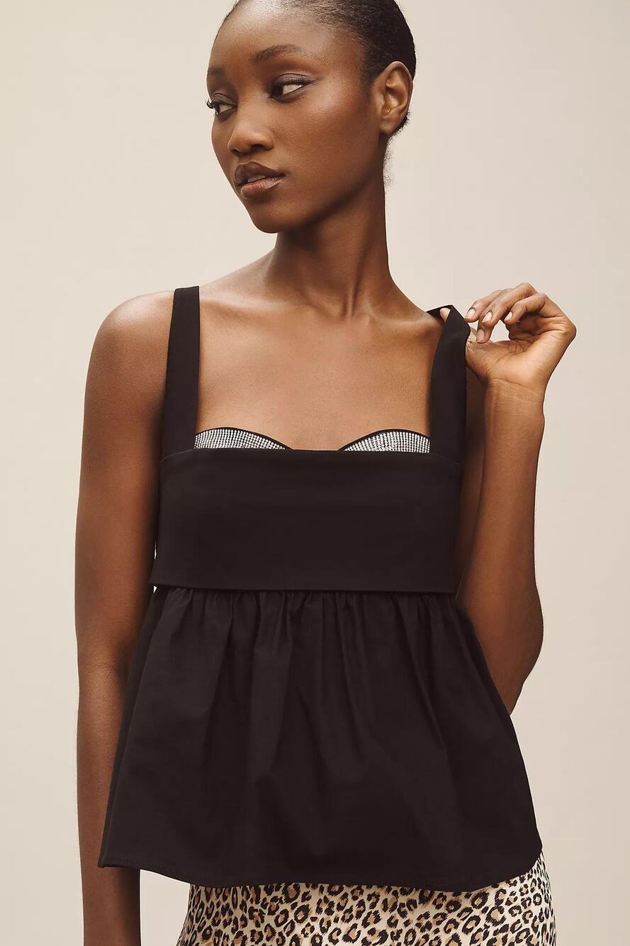 Maeve Anthropologie Peek-A-Boo Square-Neck Empire Top Black Rhinestone
